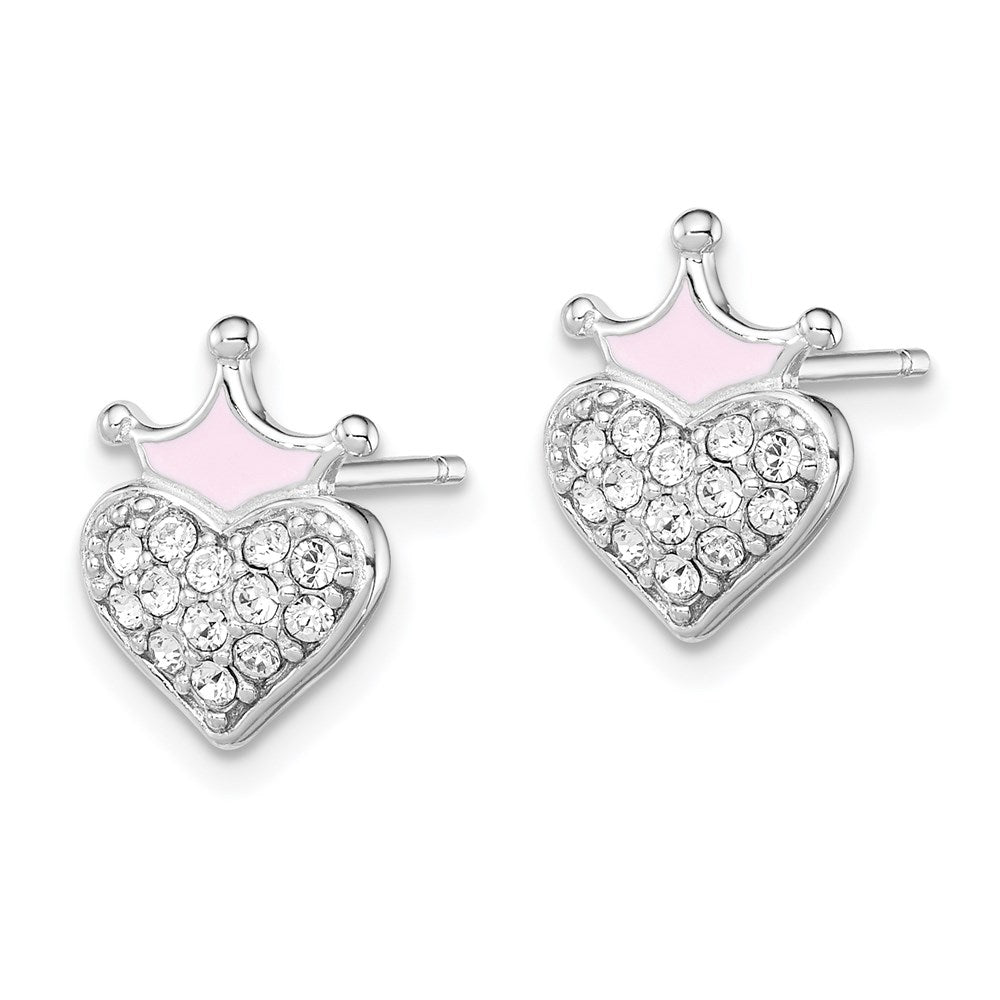 Sterling Silver Madi K RH-plated Enamel & Crystal Crown Heart Earrings