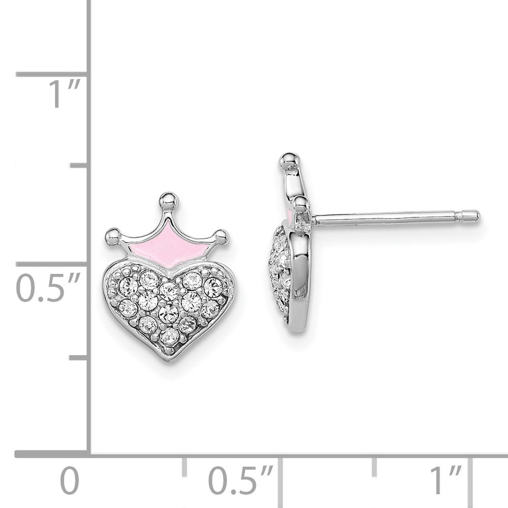 Sterling Silver Madi K RH-plated Enamel & Crystal Crown Heart Earrings