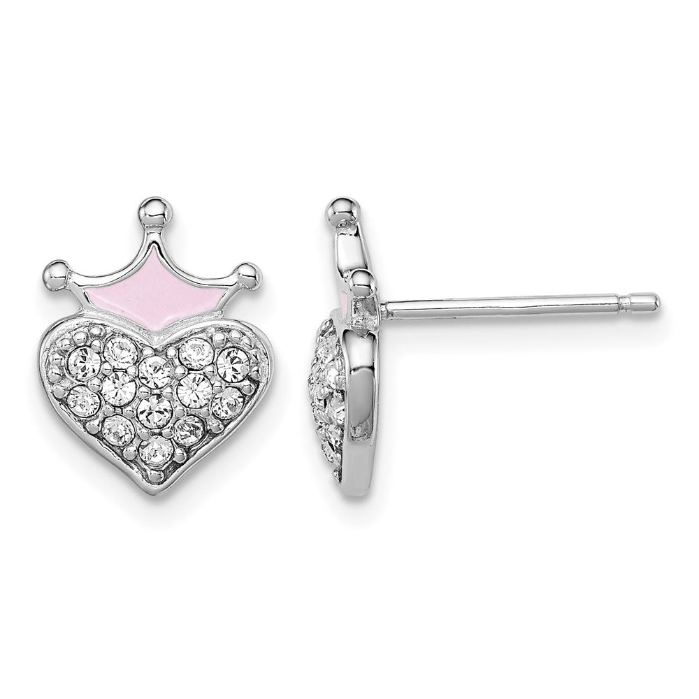 Sterling Silver Madi K RH-plated Enamel & Crystal Crown Heart Earrings
