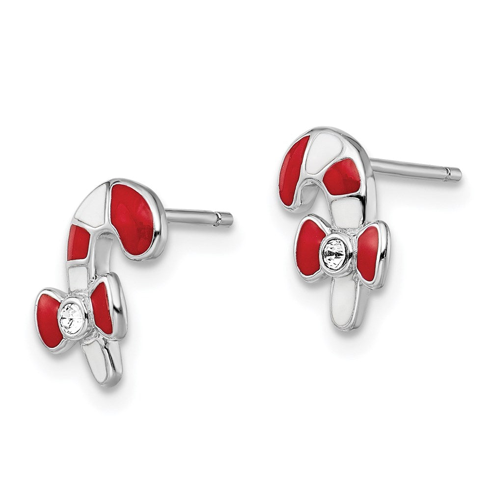 Sterling Silver RH-plated Madi K Enamel & Crystal Candy Cane Earrings