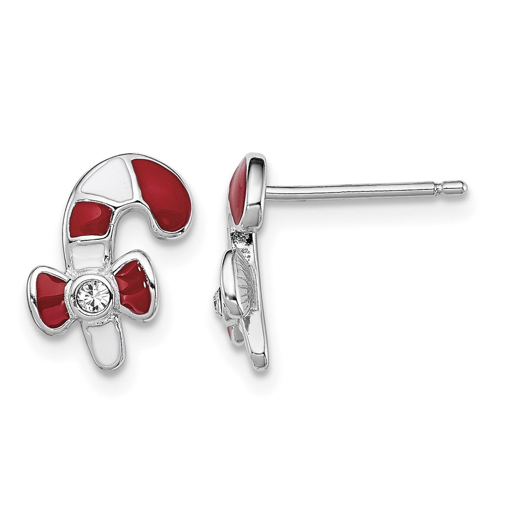 Sterling Silver RH-plated Madi K Enamel & Crystal Candy Cane Earrings