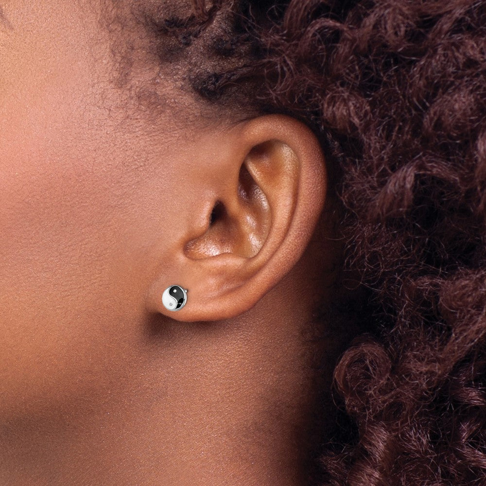 Sterling Silver Madi K RH-plated Enamel Yin Yang Children's Post Earrings