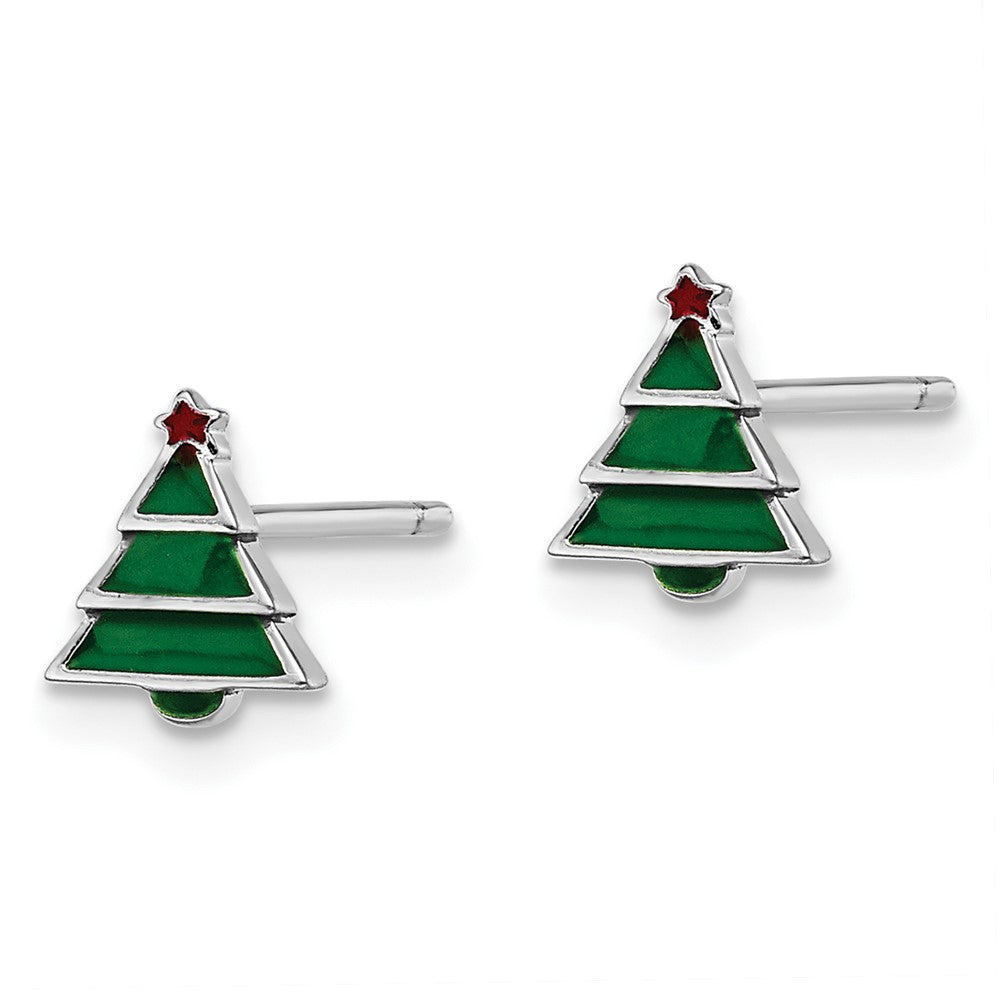 Sterling Silver Madi K RH-plated Enamel Christmas Tree Post Earrings