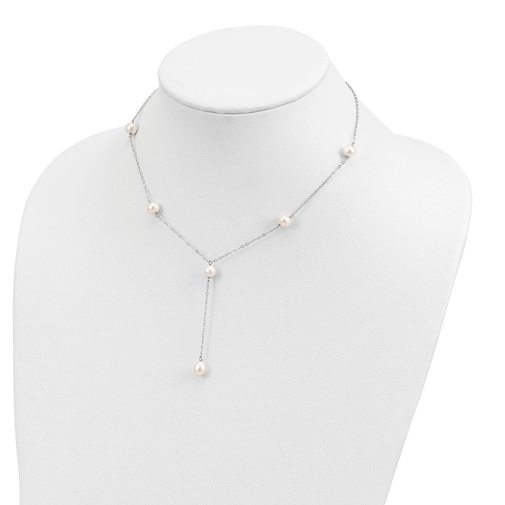 Sterling Silver Rhodum-plated White FW Cultured Pearl Y-Drop Necklace