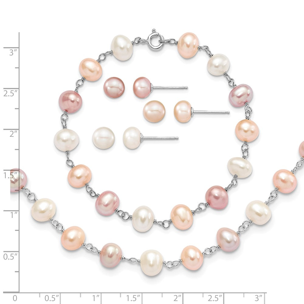 Sterling Silver RH White/Pink/Purple FWC Pearl Neck/Bracelet/Ear Set