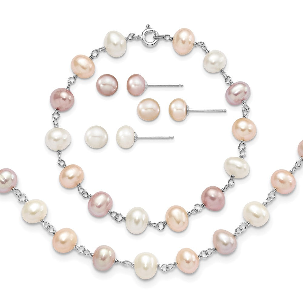 Sterling Silver RH White/Pink/Purple FWC Pearl Neck/Bracelet/Ear Set