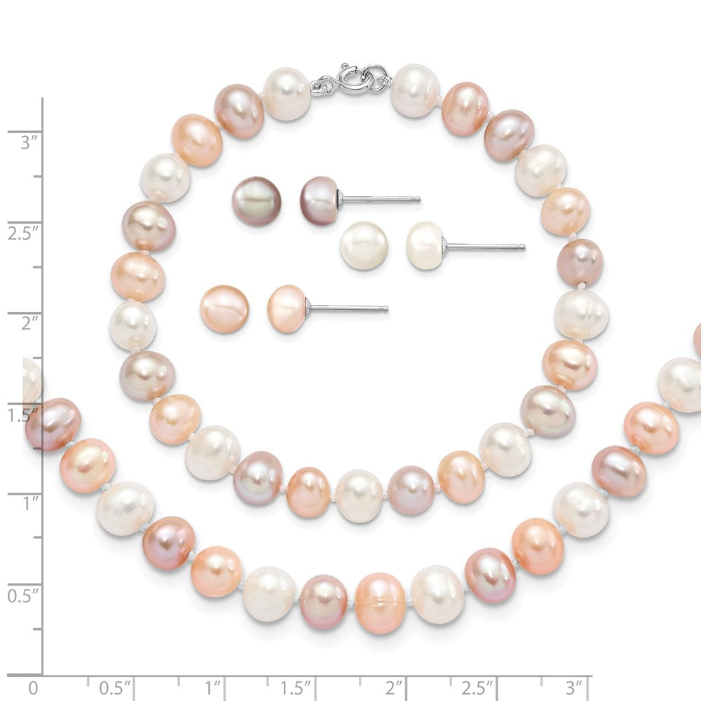 Sterling Silver RH White/Pink/Purple FWC Pearl Neck/Bracelet/Ear Set