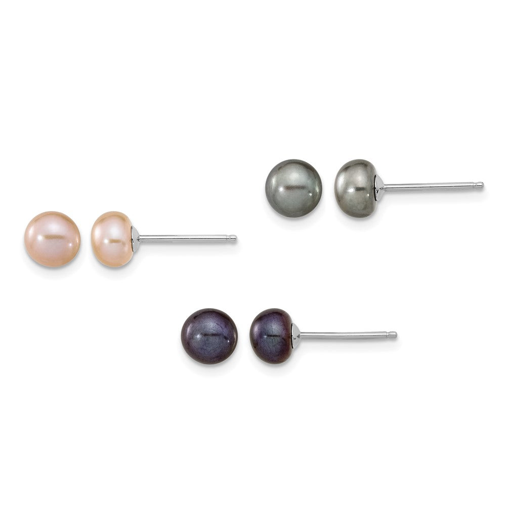 Sterling Silver Rh-p 6-7mm Bla/Pi/G FWC Pearl Neck 7.25 Brace & 3pc Earring