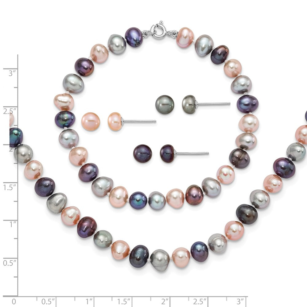 Sterling Silver Rh-p 6-7mm Bla/Pi/G FWC Pearl Neck 7.25 Brace & 3pc Earring