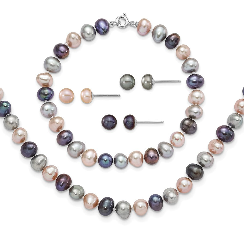 Sterling Silver Rh-p 6-7mm Bla/Pi/G FWC Pearl Neck 7.25 Brace & 3pc Earring