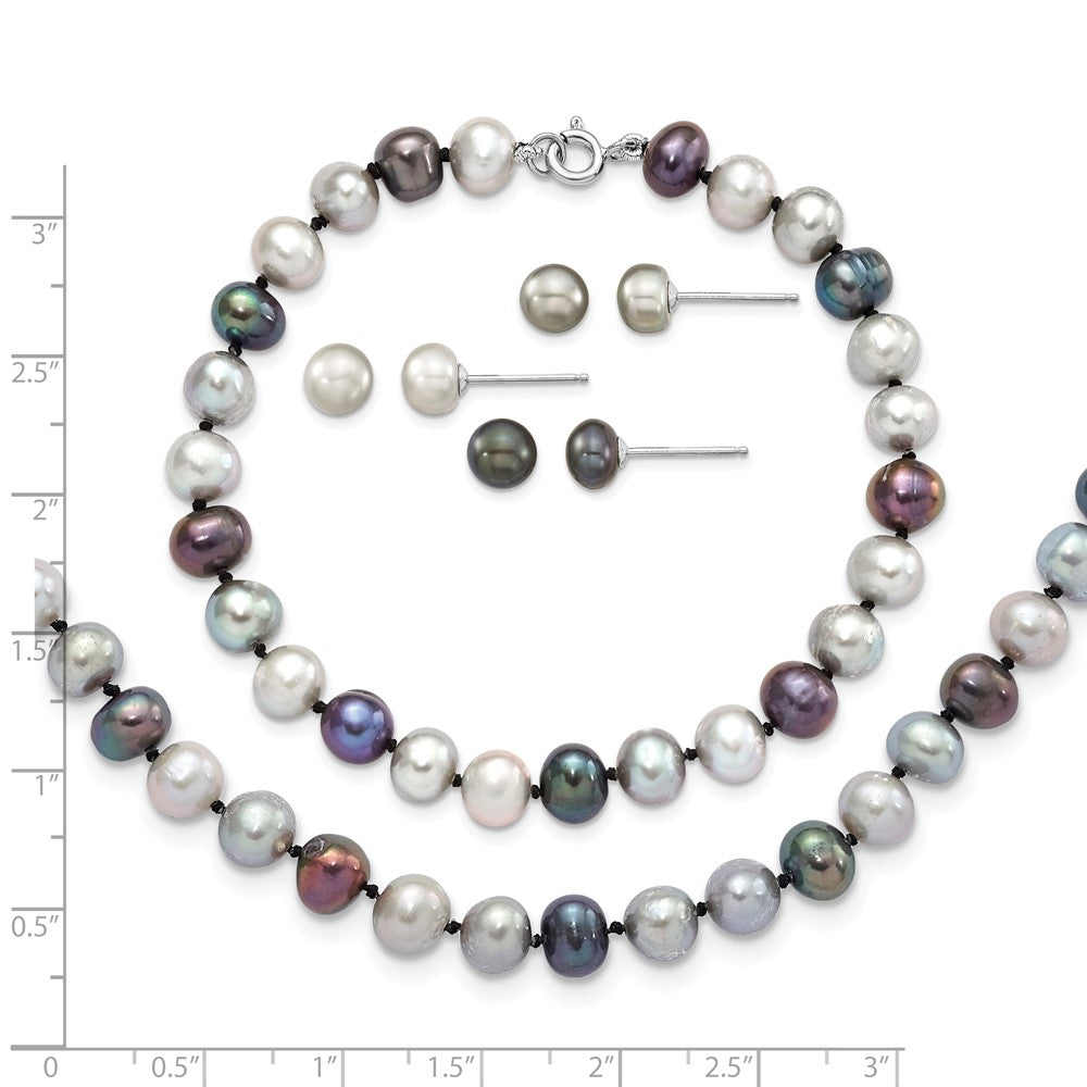 Sterling Silver Rhodium FWC Pearl Necklace/7.25 Brace/3pc Earring Set