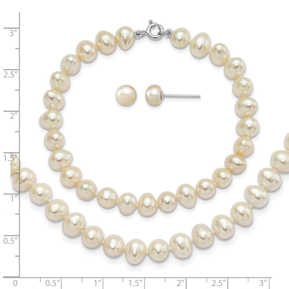 Sterling Silver Rh-p 6-7mm FWC Pearl Necklace 7.25 Brace & 1pc Earring Set