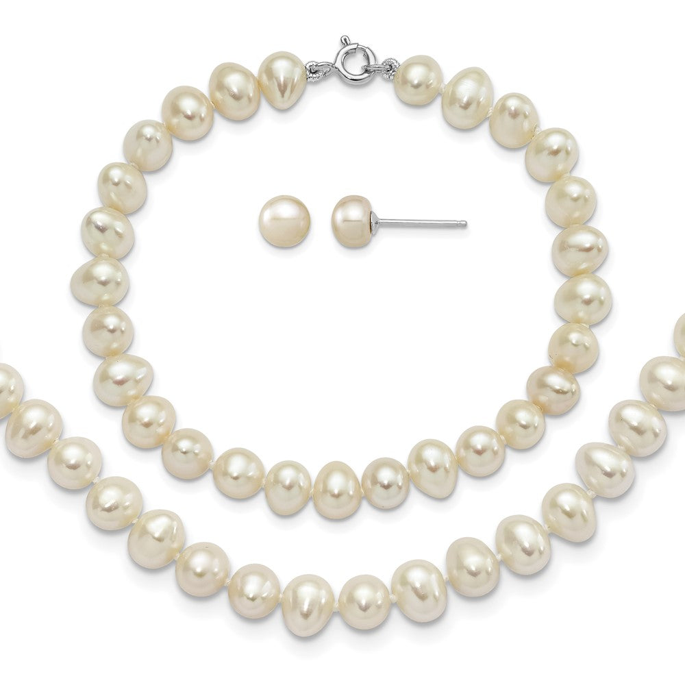 Sterling Silver Rh-p 6-7mm FWC Pearl Necklace 7.25 Brace & 1pc Earring Set