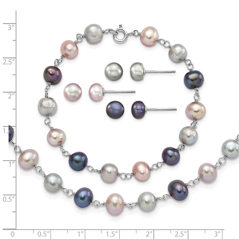 Sterling Silver RH Grey/Pink/Black FWC Pearl Neck/7.25 Brace/3pc Earring