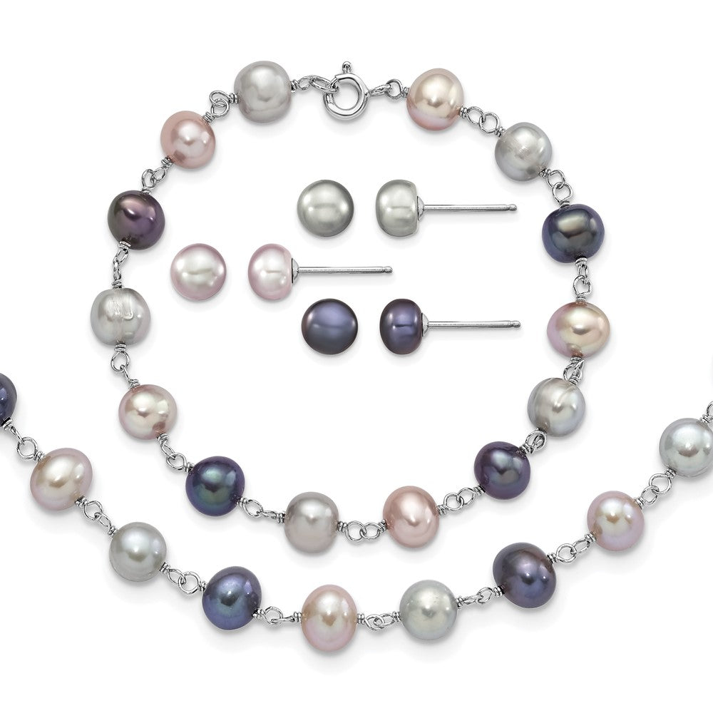 Sterling Silver RH Grey/Pink/Black FWC Pearl Neck/7.25 Brace/3pc Earring
