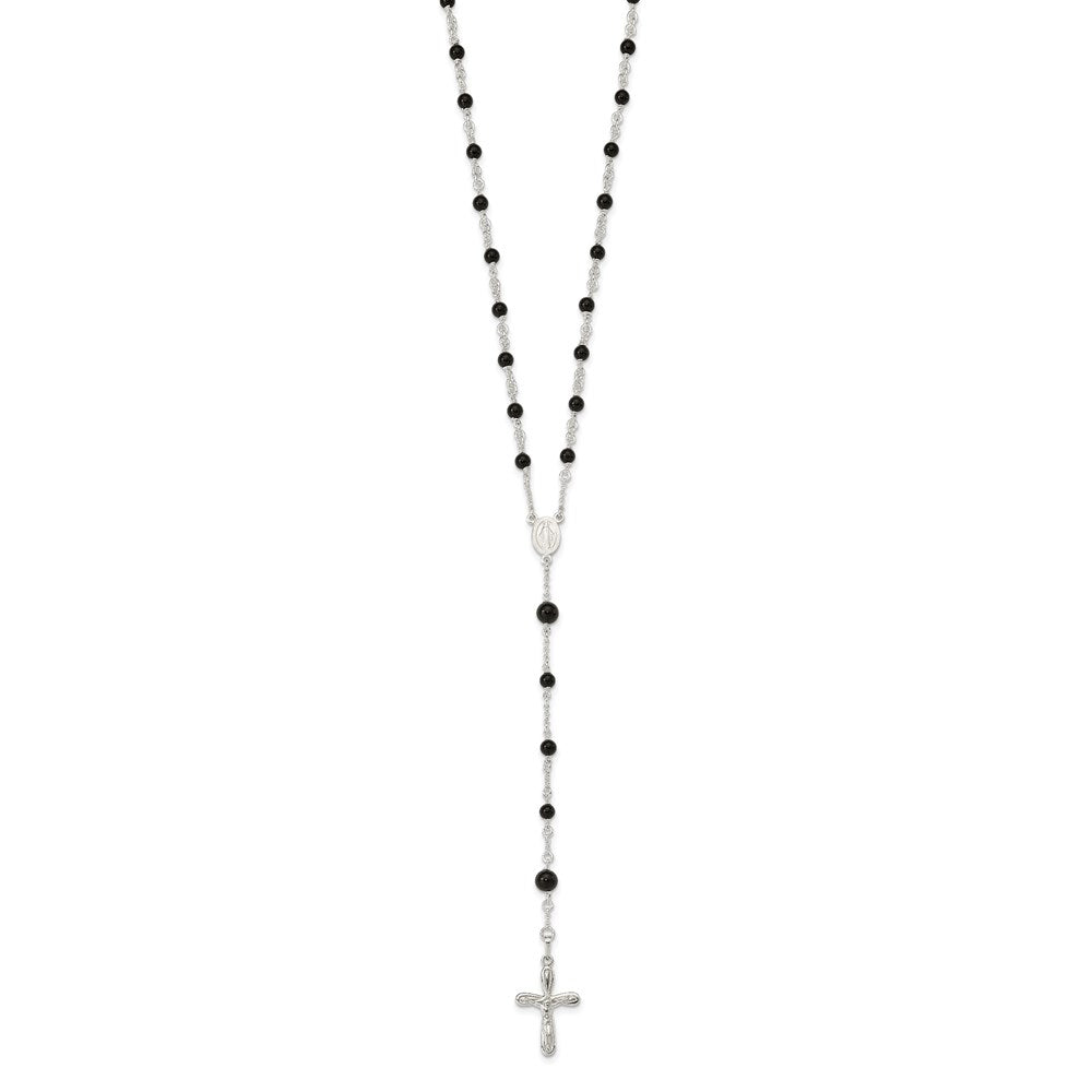 Sterling Silver Polished Black Onyx 33 Inch Rosary Necklace