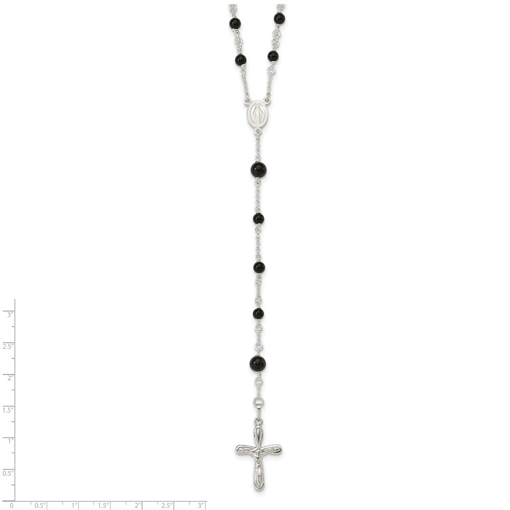 Sterling Silver Polished Black Onyx 33 Inch Rosary Necklace