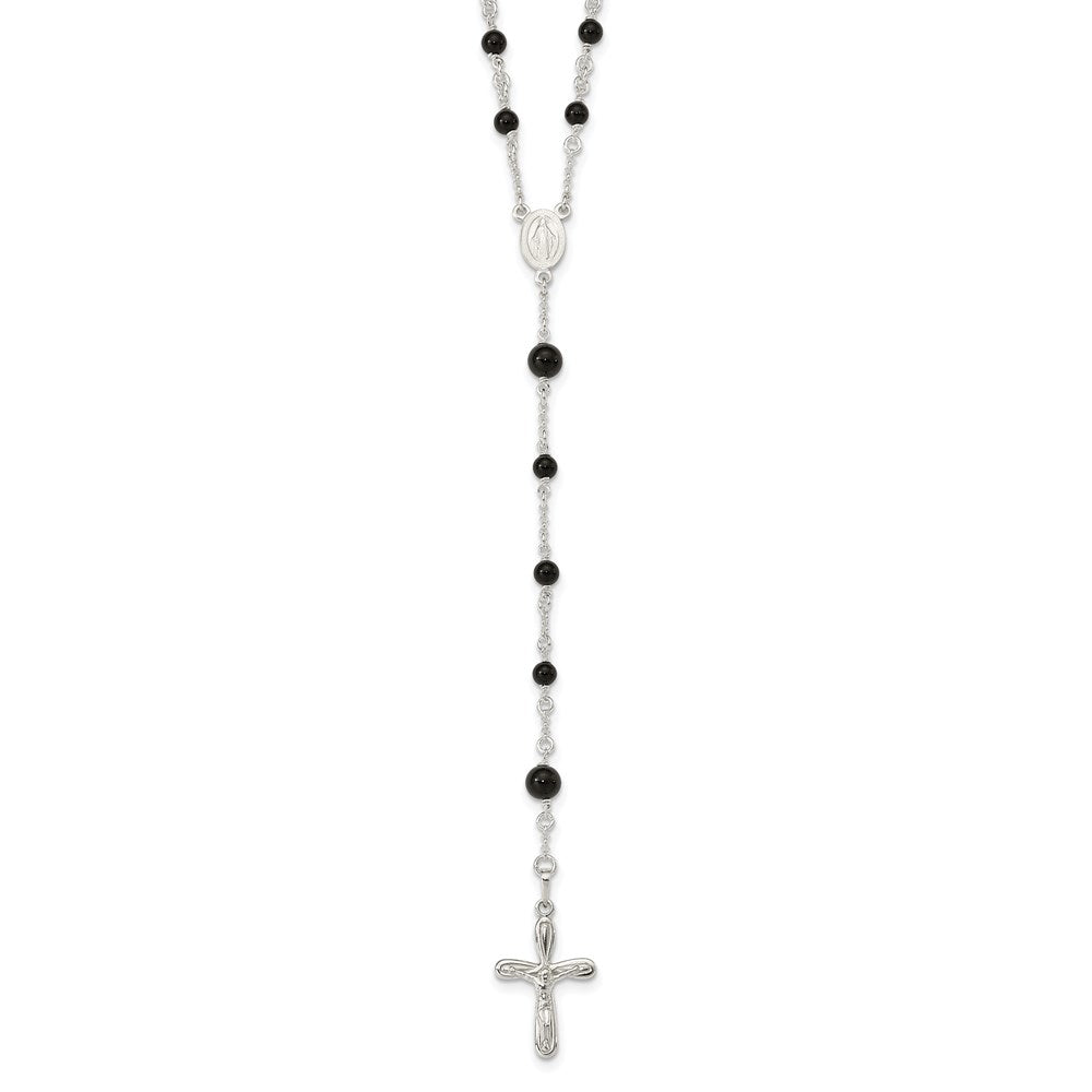 Sterling Silver Polished Black Onyx 33 Inch Rosary Necklace