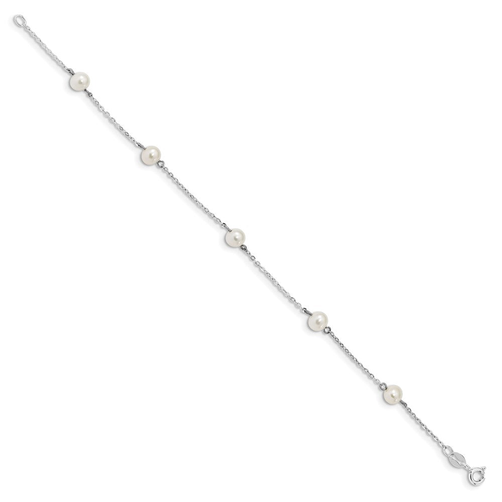 Sterling Silver RH-plated White Round FWC Pearl 5 station Bracelet