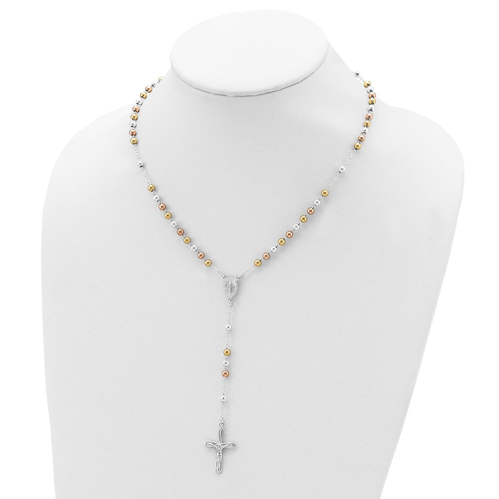 Sterling Silver Polished Rose/Yellow Gold-pld Bead Rosary 18 inch Necklace