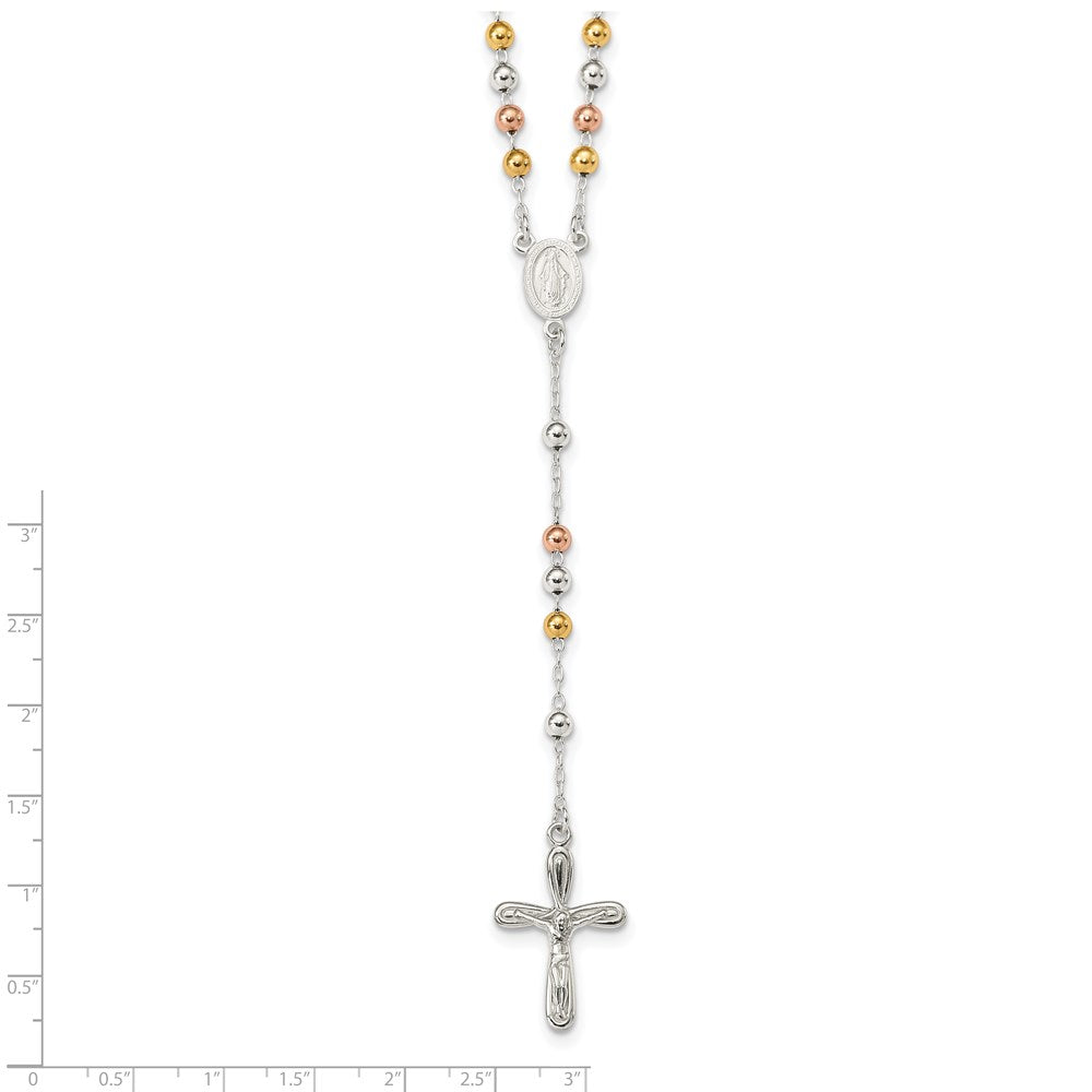 Sterling Silver Polished Rose/Yellow Gold-pld Bead Rosary 18 inch Necklace