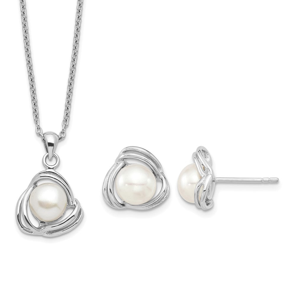 Sterling Silver Rhodium-plated 6-7mm White FWC Pearl Necklace/Earring Set
