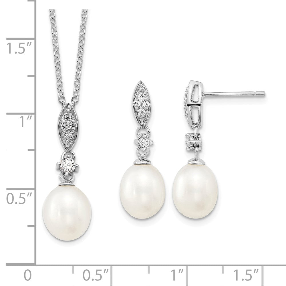 Sterling Silver Rhodium-plated 8-9mm FWC Pearl CZ Necklace/Earring Set