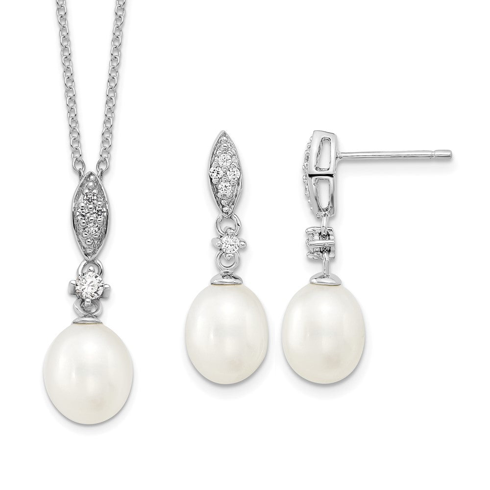 Sterling Silver Rhodium-plated 8-9mm FWC Pearl CZ Necklace/Earring Set