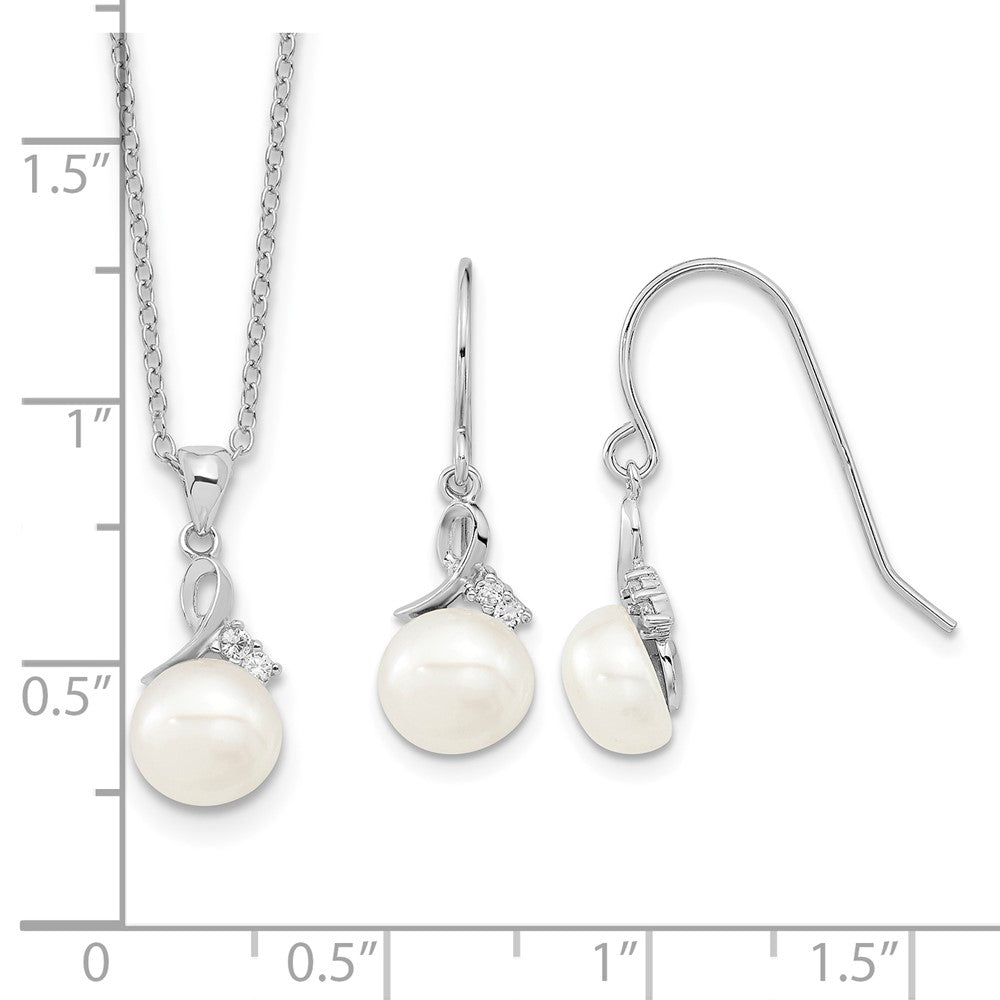 Sterling Silver Rhodium-plated 7-8mm FWC Pearl CZ Necklace/Earring Set