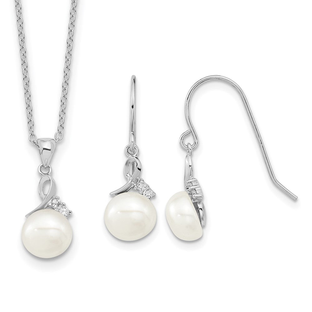 Sterling Silver Rhodium-plated 7-8mm FWC Pearl CZ Necklace/Earring Set