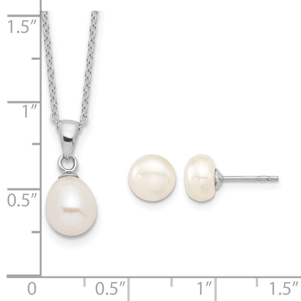 Sterling Silver Rhodium-plated FWC Pearl Necklace/Stud Earring Set