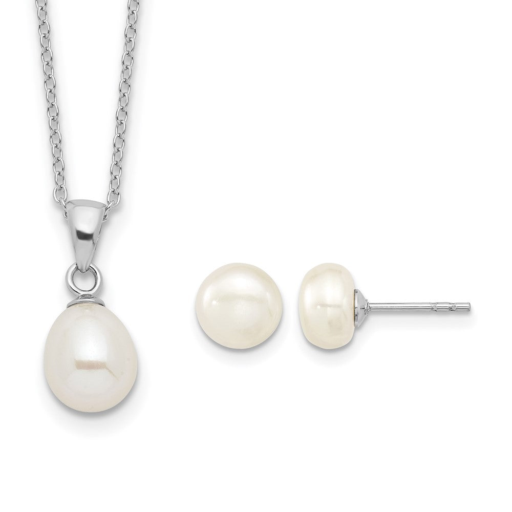 Sterling Silver Rhodium-plated FWC Pearl Necklace/Stud Earring Set