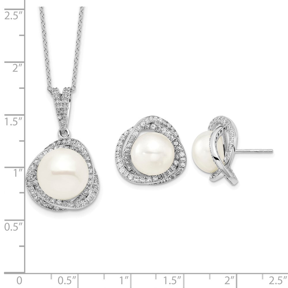Sterling Silver Rhodium-plated 10-12mm FWC Pearl CZ Necklace/Earring Set