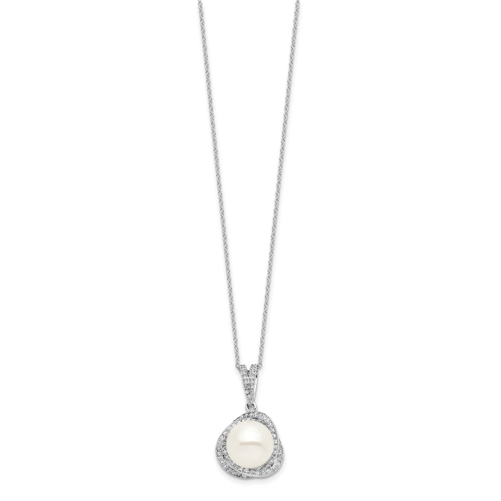 Sterling Silver Rhodium-plated 10-12mm FWC Pearl CZ Necklace/Earring Set