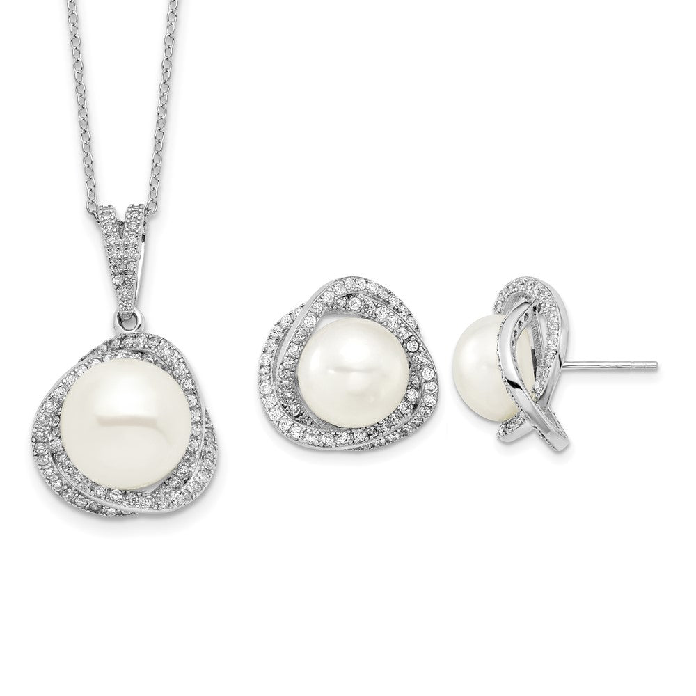 Sterling Silver Rhodium-plated 10-12mm FWC Pearl CZ Necklace/Earring Set