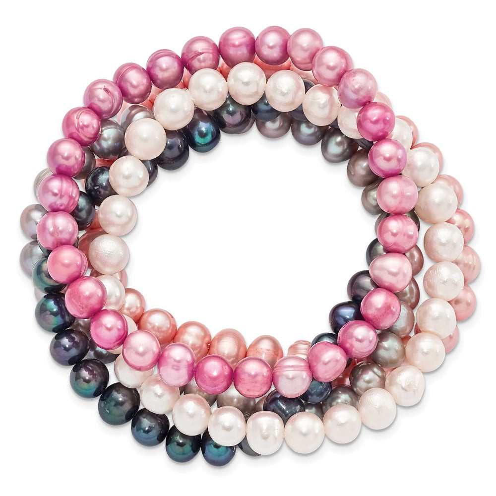 6-7mm Wht/Gry/Blk/Pink/Purp Semi-round FWC Pearl Stretch Bracelet 5 pc Set