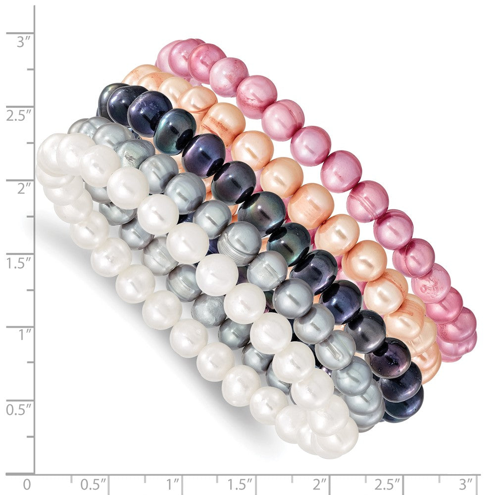 6-7mm Wht/Gry/Blk/Pink/Purp Semi-round FWC Pearl Stretch Bracelet 5 pc Set