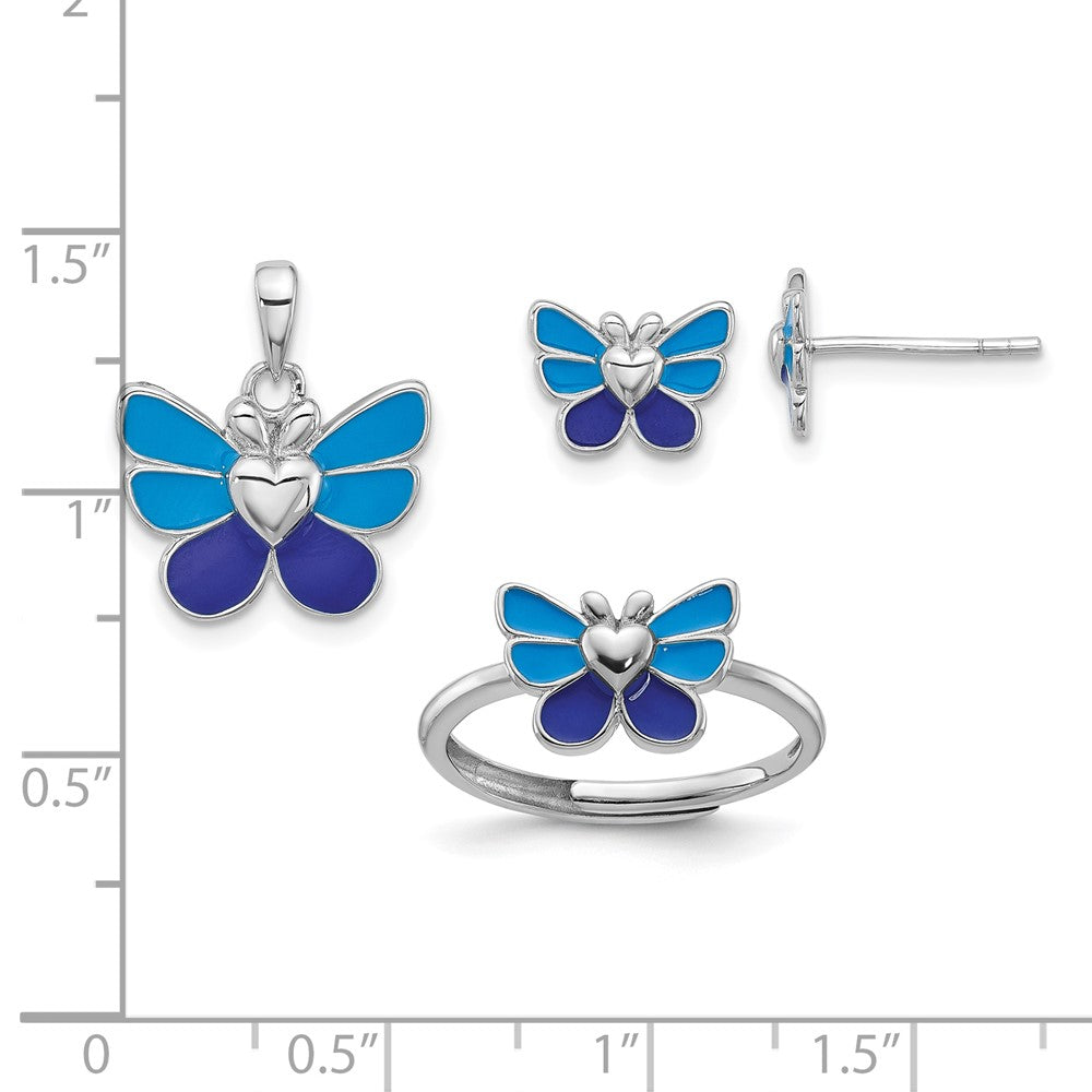 Sterling Silver RH-pltd Butterfly Earring, Pendant & Adjustable Ring Set