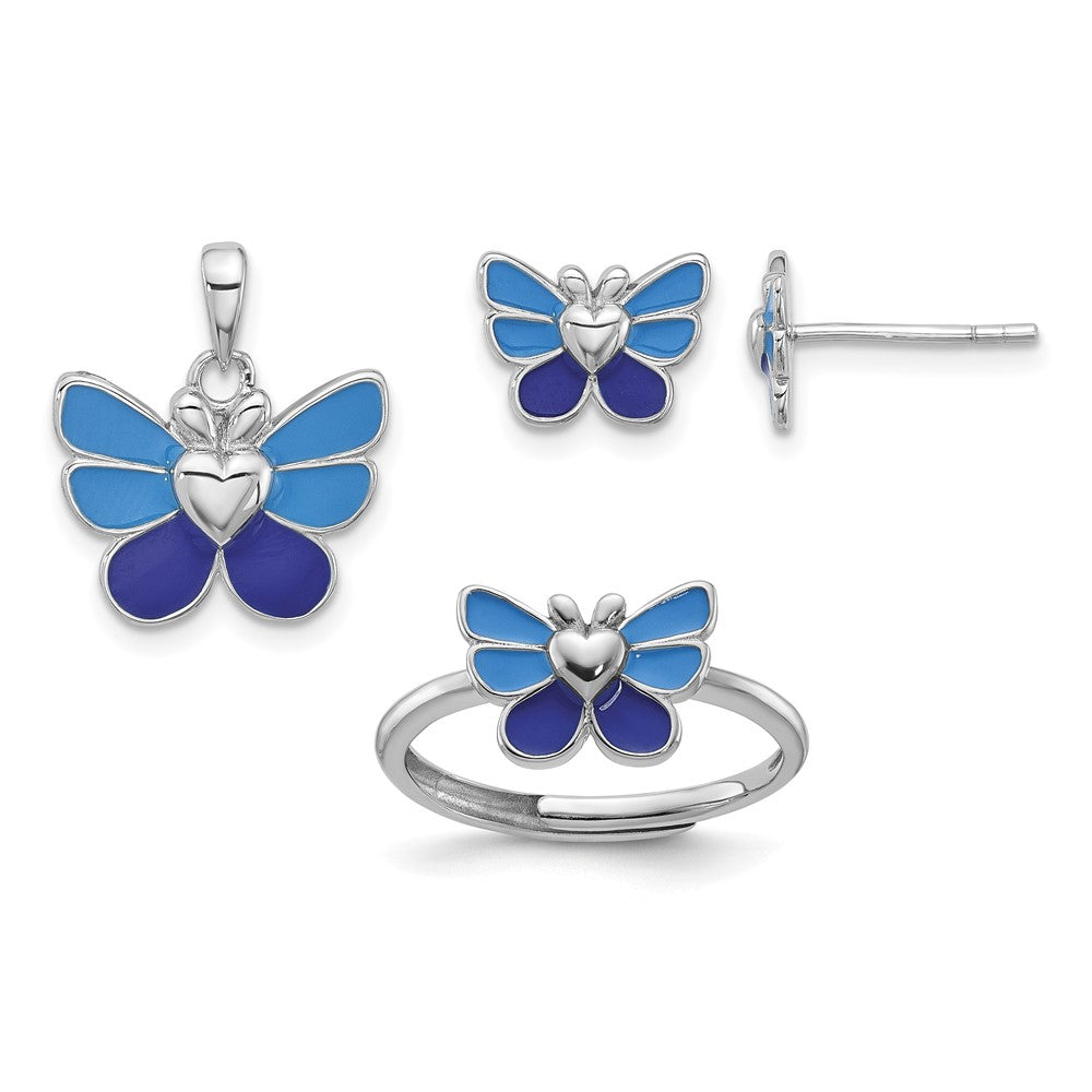 Sterling Silver RH-pltd Butterfly Earring, Pendant & Adjustable Ring Set