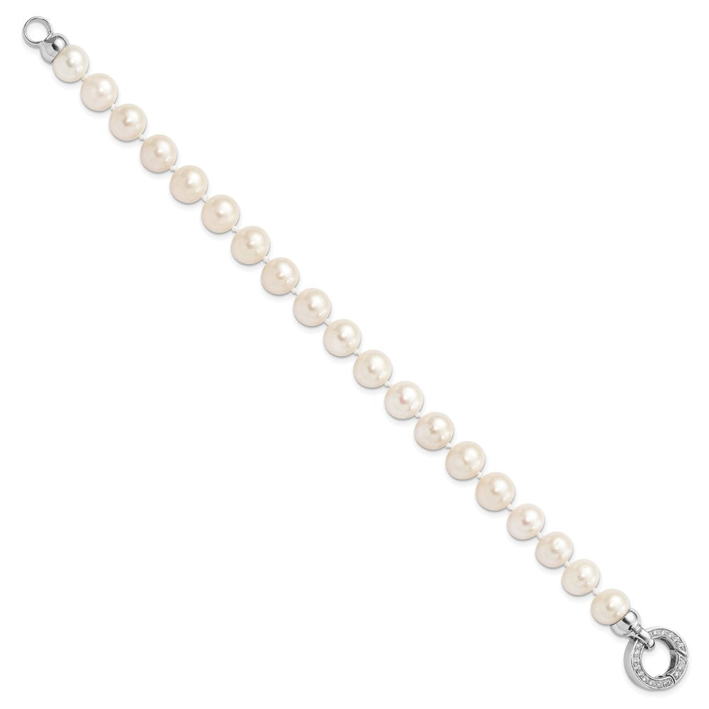 Sterling Silver Rhodium-plated 9-10mm White FWC Pearl CZ Fancy Bracelet