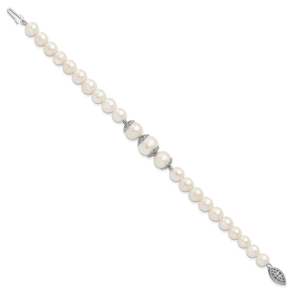 Sterling Silver Rhodium-plated 7-10mm White FWC Pearl Fancy Bracelet