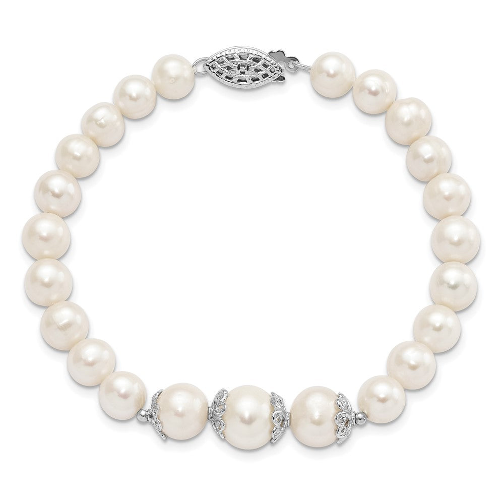 Sterling Silver Rhodium-plated 7-10mm White FWC Pearl Fancy Bracelet