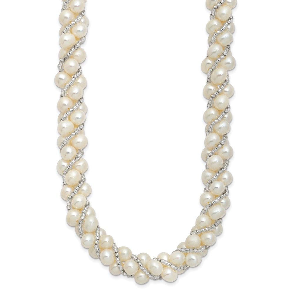 Sterling Silver Rhodium 6-7mm FWC Pearl/Glass Bead Twisted Necklace