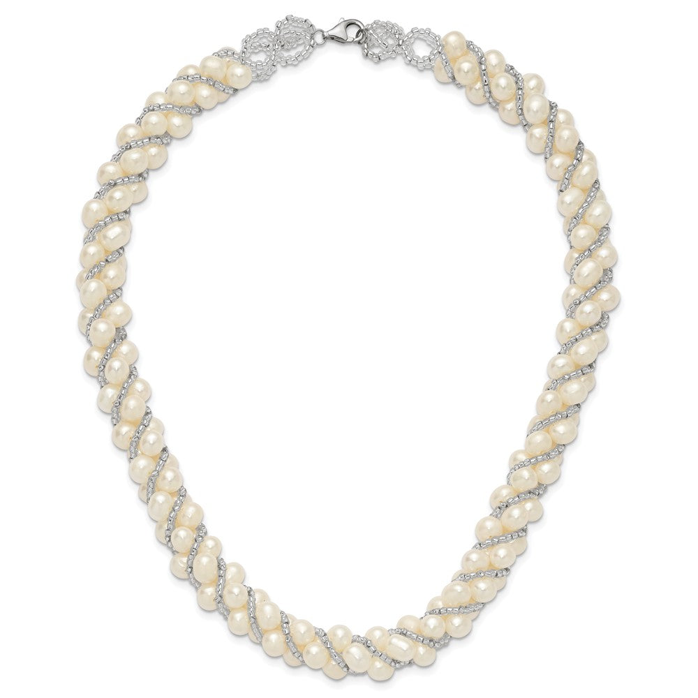 Sterling Silver Rhodium 6-7mm FWC Pearl/Glass Bead Twisted Necklace