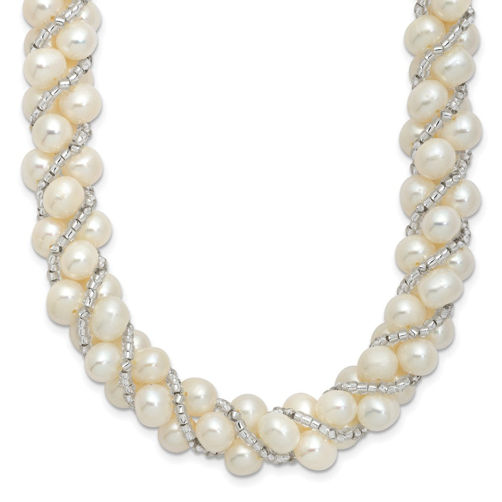 Sterling Silver Rhodium 6-7mm FWC Pearl/Glass Bead Twisted Necklace