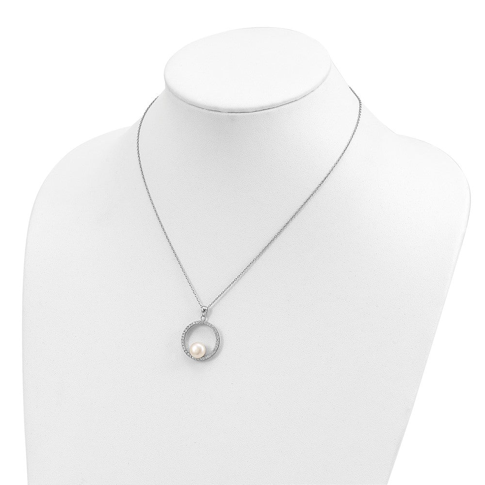 Sterling Silver Rhodium-plated 8-9mm White FWC Pearl and CZ Necklace