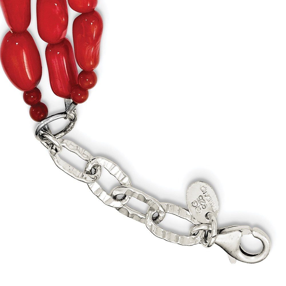 Sterling Silver Red Coral w/2in ext Triple Strand Necklace