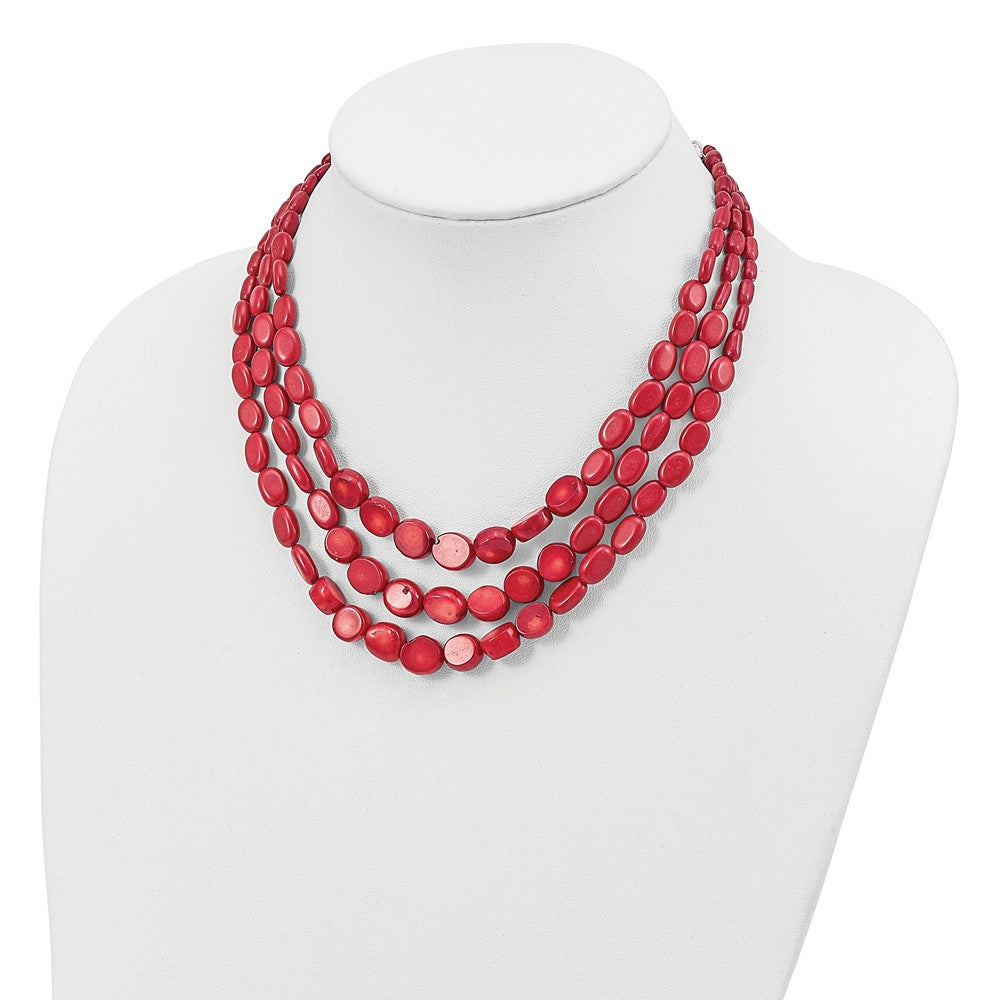 Sterling Silver Red Coral w/2in ext Triple Strand Necklace