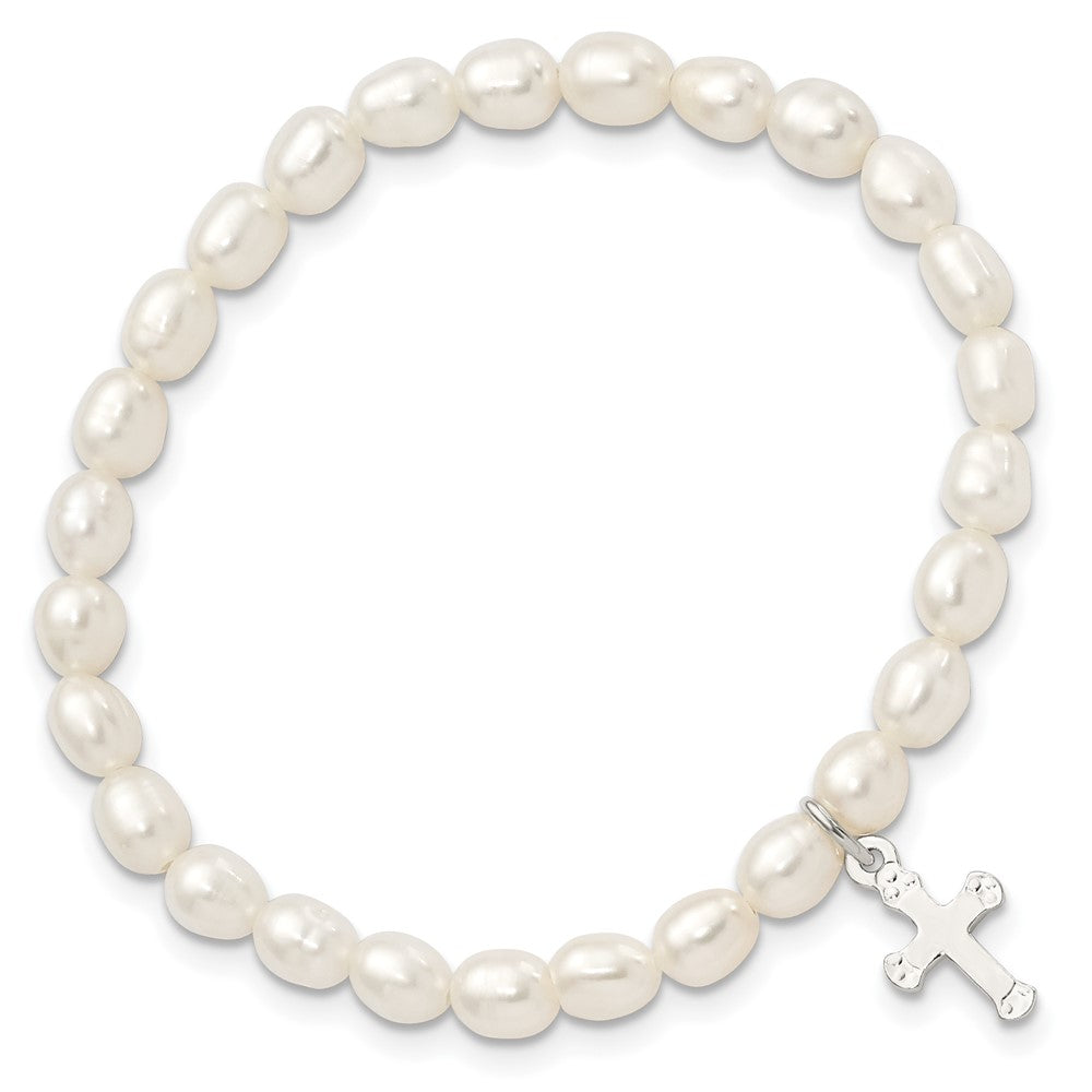 Sterling Silver Cross and Polished FWC Pearl 45mm Stretch Bracelet