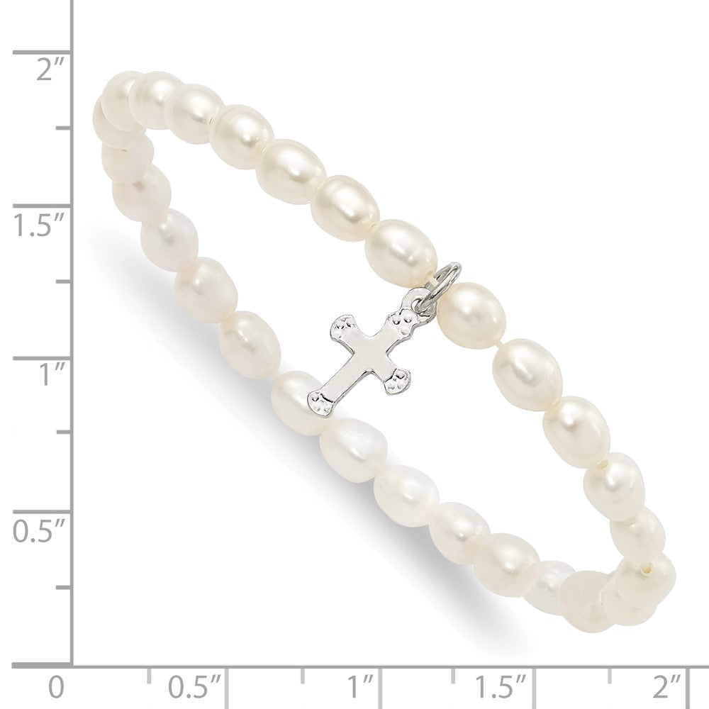 Sterling Silver Cross and Polished FWC Pearl 45mm Stretch Bracelet